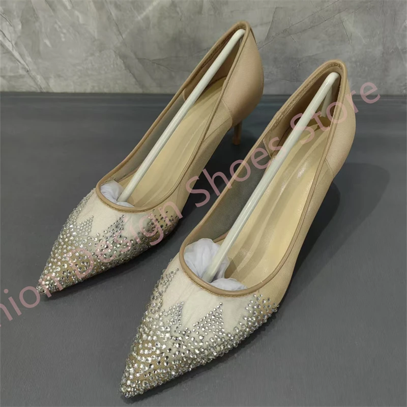 Shiny Bling Crystal Cover Toe Air Mesh Damen Pumps 8 cm High Heels Slip On Party Hochzeit Damen Schuhe Größe 41 42 43