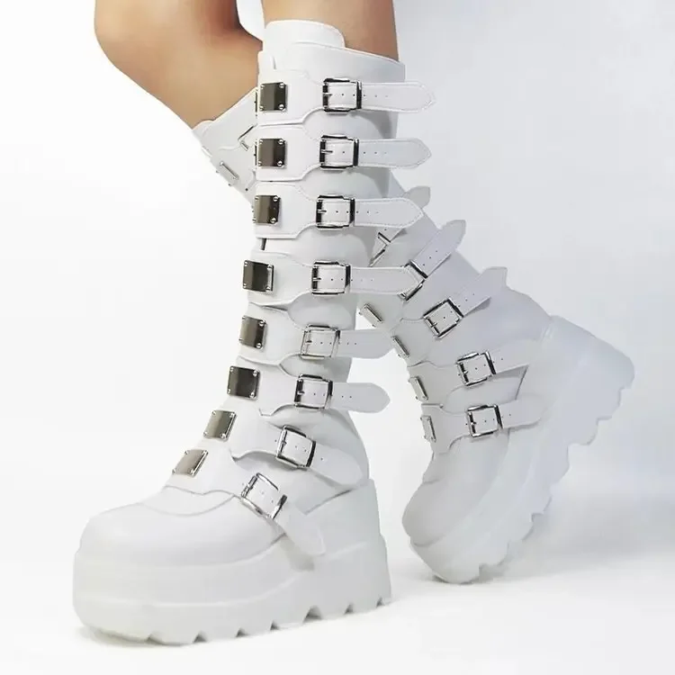 Lange Stiefel für Frauen Gothic Schuhe Plattform Kniehohe Stiefel Punk Schwarz Sexy Motorräder Stiefel Neue Halloween Cosplay Frauen Schuhe