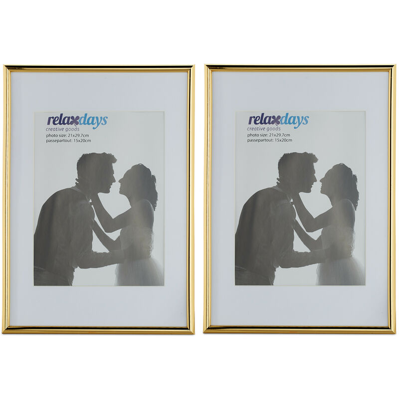 Relaxdays Set Da 2 Cornici Portafoto, Formato A4, Passe Partout 15x20 Cm, Ritaglio Vetro, Appoggiare O Appendere, Oro