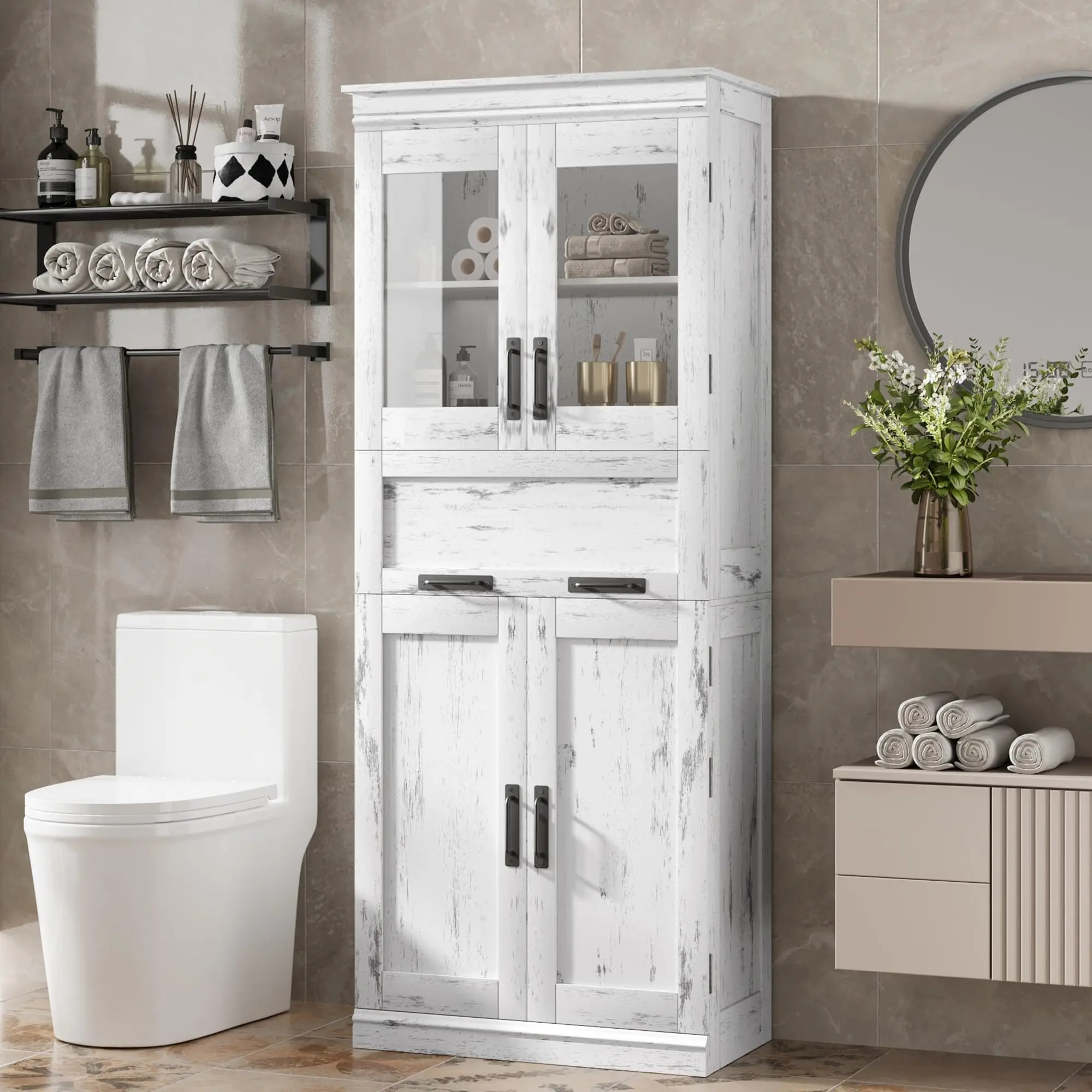170 cm hoher Küchenschrank, freistehend, mit Glastüren, verstellbaren Einlegeböden und Schubladen, ideal für Speisekammer und Wo