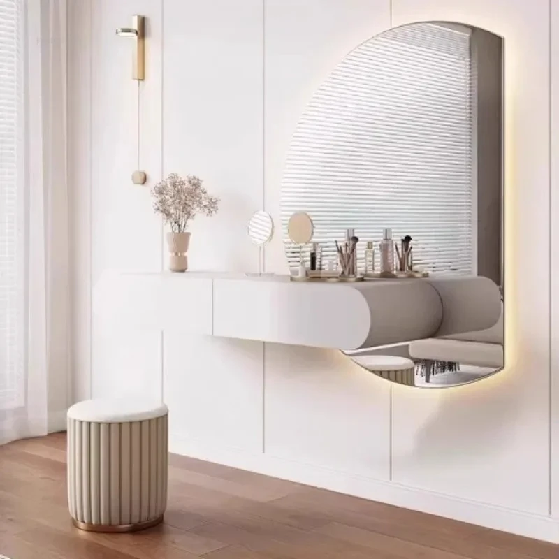 Cremefarbener, hängender Schminktisch, moderner, minimalistischer Schminktisch für Schlafzimmer, wandmontierter Schminktisch, Spiegelkombination u q