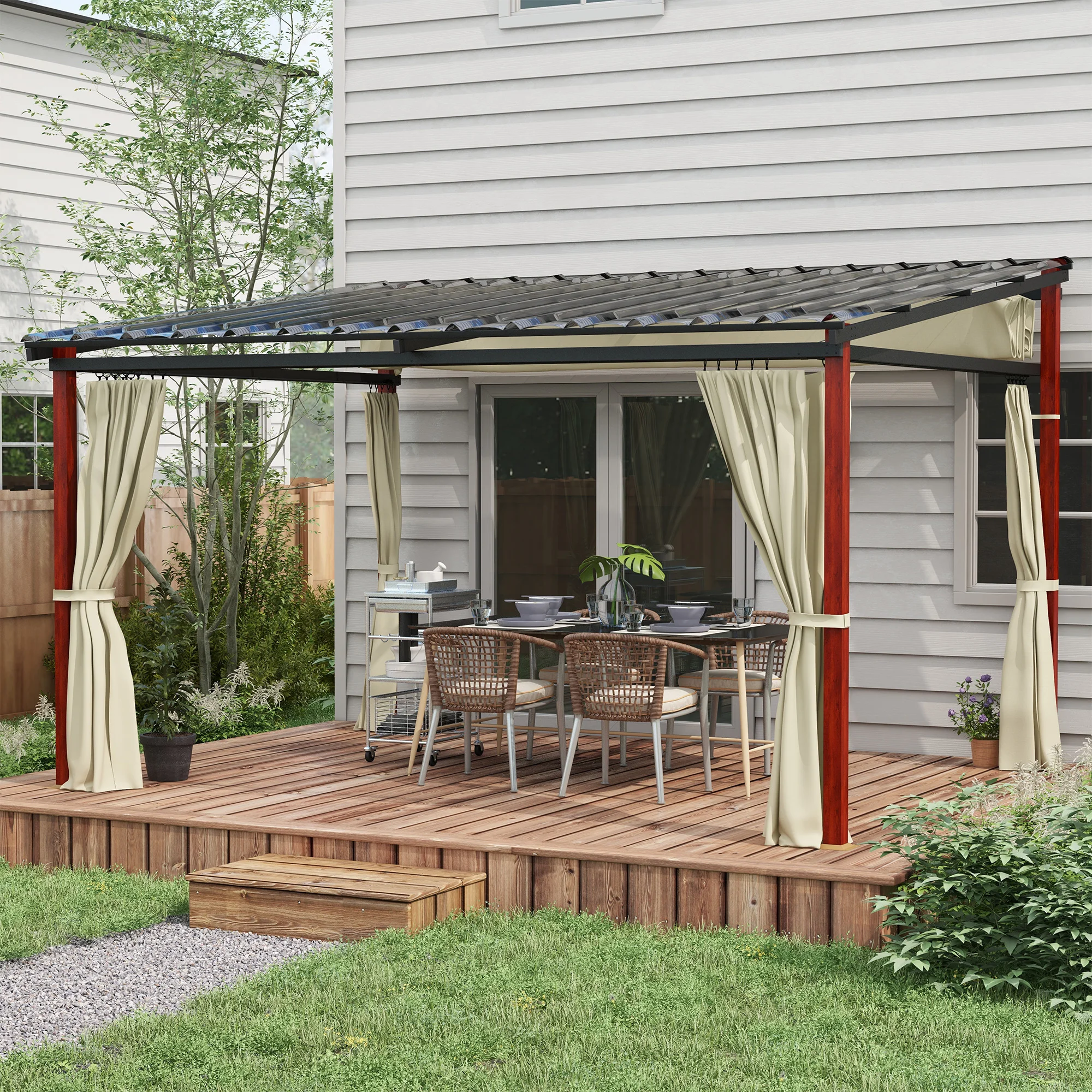 Beige 3,5x3m Pergola mit Seitenwänden, Windbeständig, Höhenverstellbar, Einziehbares Dach für Garten & Terrasse Image