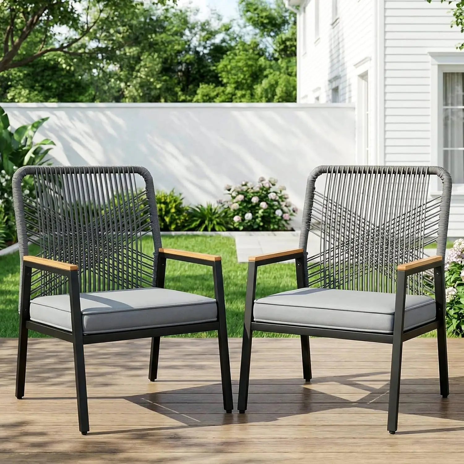 Gartenstuhl-Set aus Korbgeflecht, 2-teilig, Garten-Sessel, Balkonstühle, mit 8 cm Dicken Sitzkissen, aus Metallrahmen und Rattan