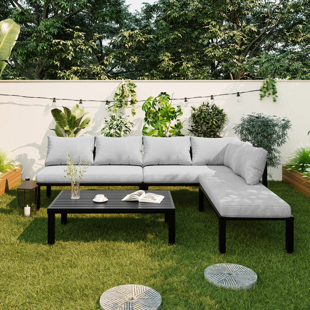 6-Sitzer Garten-Essgruppe Modulares Sofa Verstellbare Beine Abnehmbare Rückenlehne Verzinkter Eisentisch Graue Outdoor-Terrassenmöbel