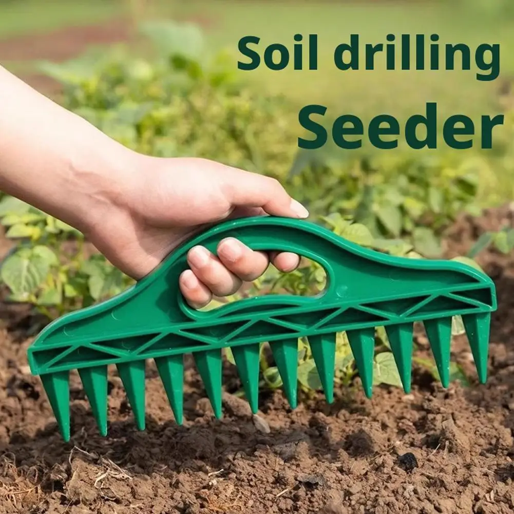 Saatgutstreuer für Gartenarbeit, Anleitung zur Bodenbearbeitung, tragbarer Saatgutverteiler, Bodenlocher zum Pflanzen von Samen, Bodenlockerung Image