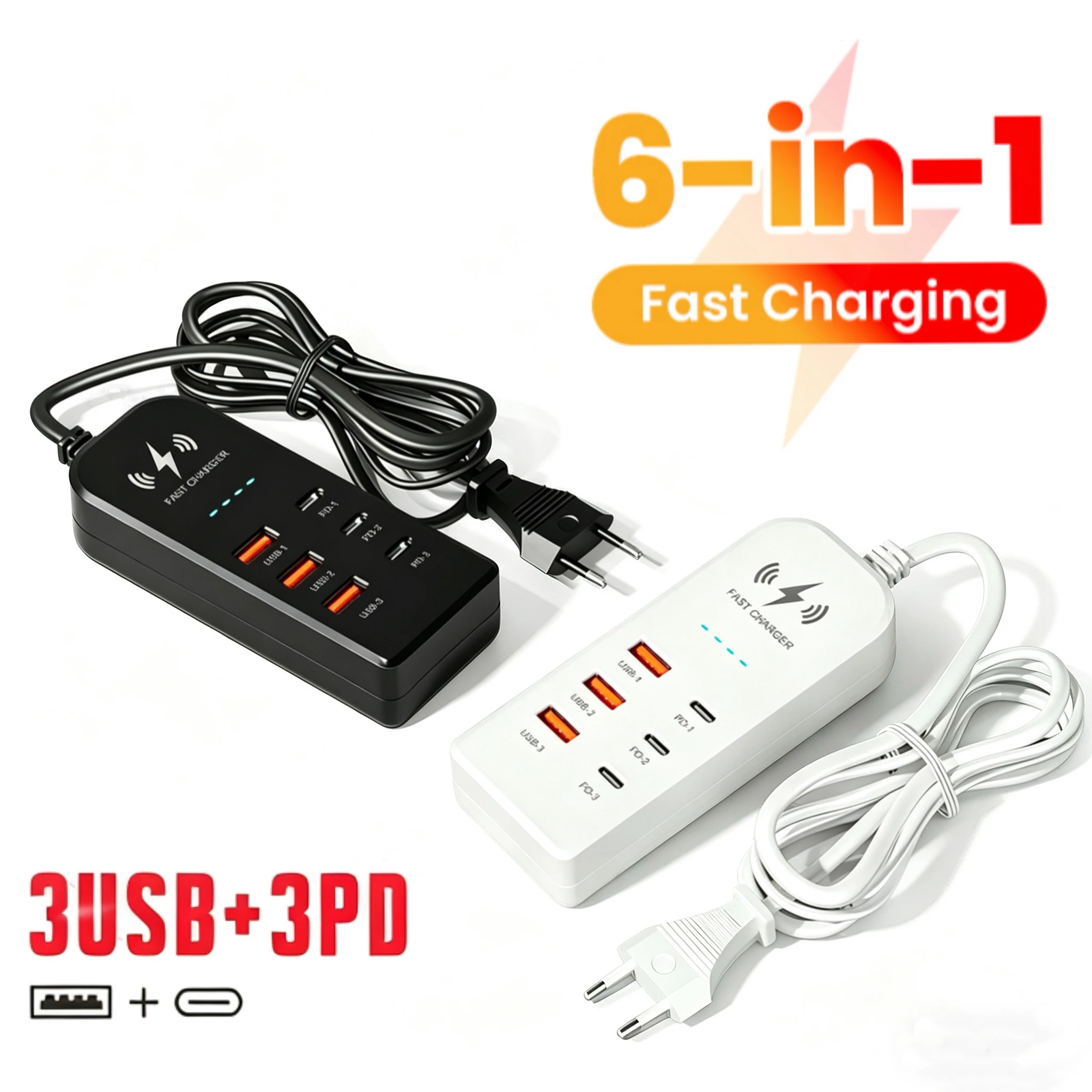 Caricatore USB 6 in 1 con PD Type-C, Caricatore da Muro a Ricarica Rapida, Hub USB Multiporta Type-C, Adattatore con Spina EU/US, Caricatore Rapido, Espansore Presa