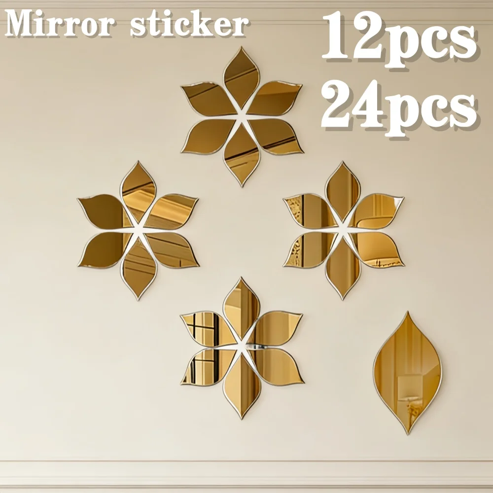 12 Stück/24 Stück Acryl Vierblättriges Kleeblatt-förmiger Wandspiegel | Boho-Akzente, Goldener Künstlerischer Dekorativer Spiegel, Kunstornament