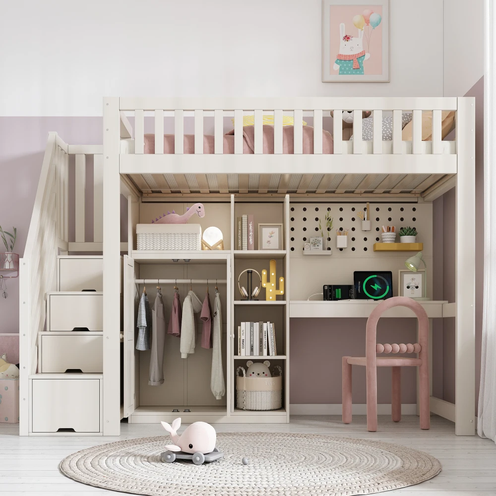 90x200cm großes weißes Hochbett für Kinder mit Schreibtisch, Kleiderschrank und Schrank, offenen Regalen, USB-/USB-C-Anschlüssen, Gitter, ohne Matratze Image