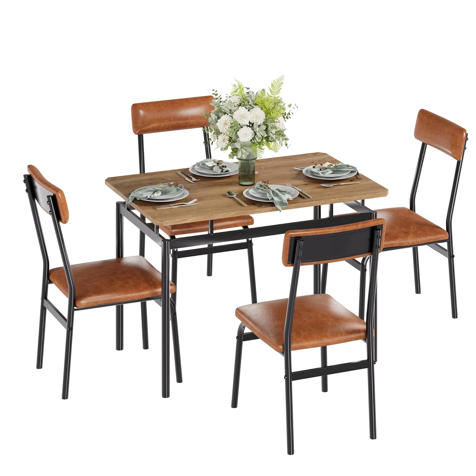 5-teiliges industrielles Esstisch-Set für 4 Personen, Küchentisch aus Holz mit 4 PU-Stühlen, moderner rechteckiger Tisch für kleine Räume, APT Image