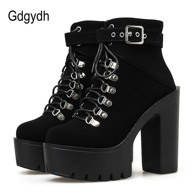 Gdgydh Lace Up Frauen Stiefel Plattform Schnalle Boot Winter Schuhe Starke Ferse Autmn Stiefel Mit Zipper Ankle Strap Schwarz Wildleder gothic