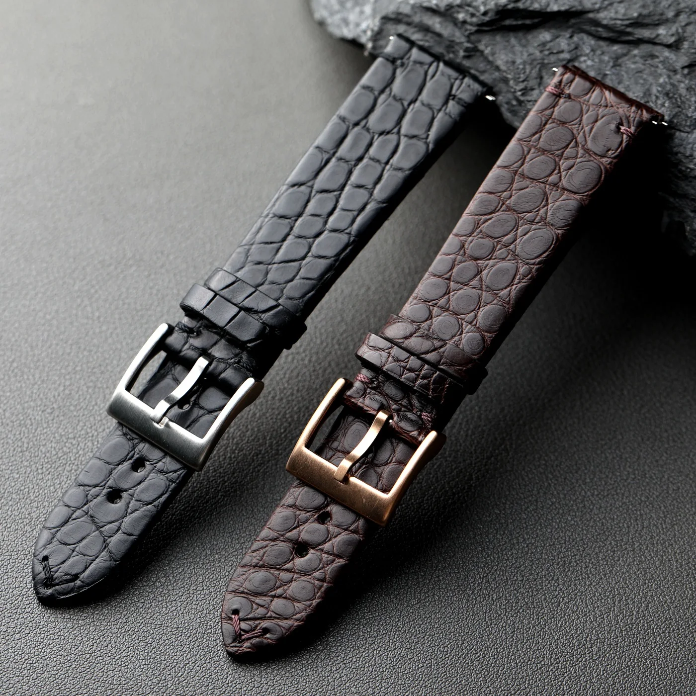Handgefertigtes Krokodillederarmband mit Gartenmuster, ultradünn, schwarzbraun, weich, Schnellverschluss, 18, 19, 20, 21, 22 mm echtes Leder Image