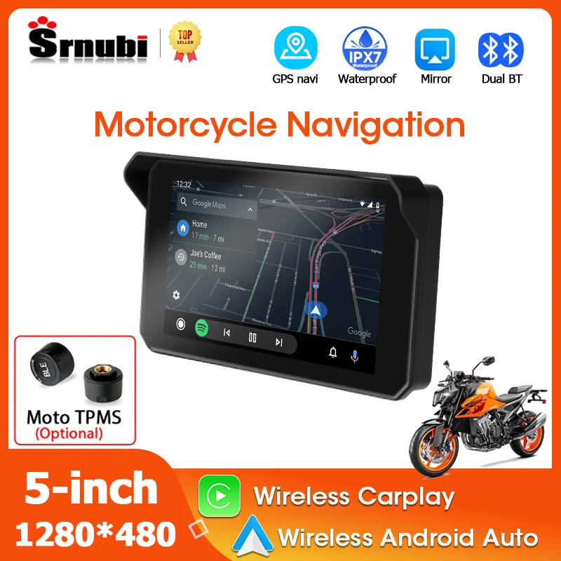 Srnubi tragbarer 5-Zoll-Carplay-Bildschirm für Motorradnavigation, GPS, kabelloses Android, Autohelm, Bluetooth-Unterstützung, TPMS, wasserdicht Image