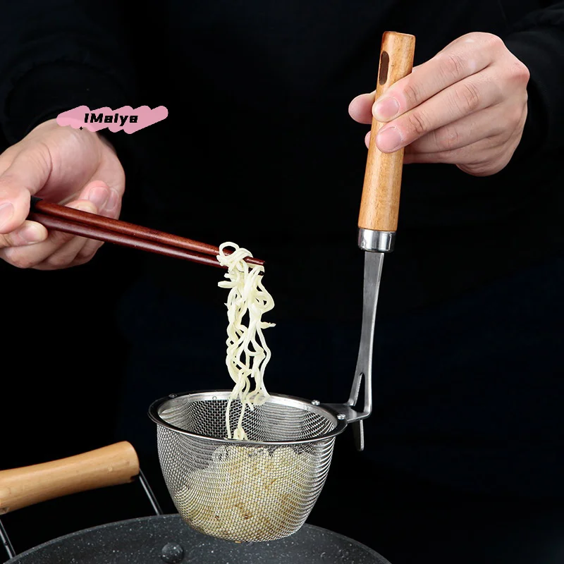 Hot Pot Sieb aus Edelstahl mit Holzgriff, tiefes Nudelabtropfgestell, Bratkorb, Waschbecken, Sieb für französisches Kochen