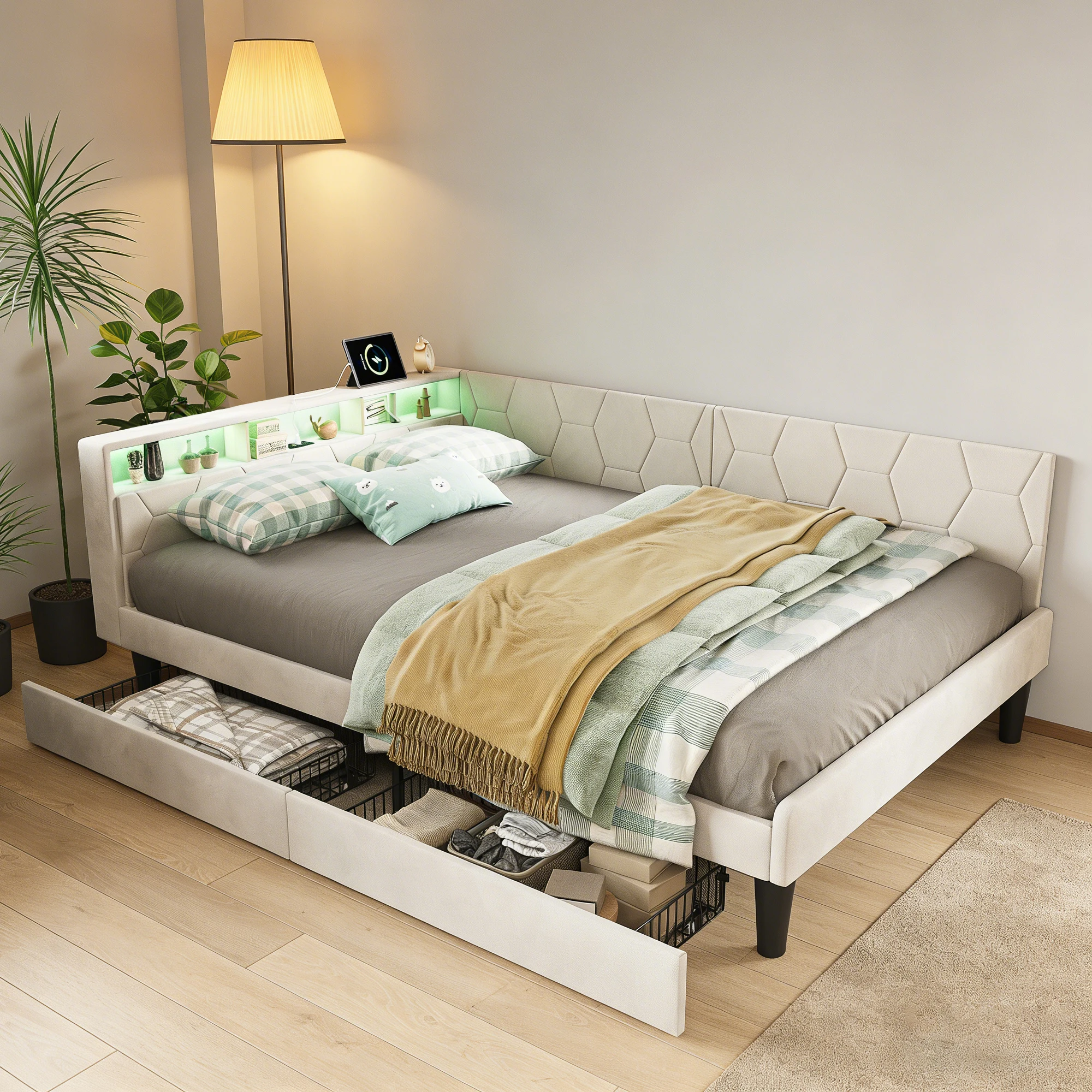 Gepolstertes Schlafsofa 90/140 x 200 cm mit LED-Beleuchtung und USB-Anschluss, Jugendbett mit 2 Schubladen, Samt, Beige/Grau