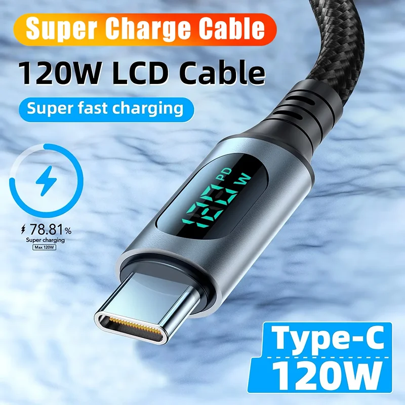 120W 6A Kabel Ultra-Schnelles Ladekabel USB-A Typ-C Nylon-Datenkabel für Xiaomi Redmi Huawei mit LED-Digitalanzeige Image