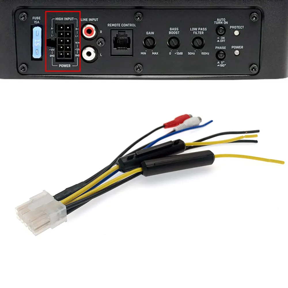 10-Pin-Stecker Auto-Stereo-Verstärker-Stromanschluss mit Sicherung Kabelbaum Subwoofer RCA-Adapter für Rockville SS8P und JBL BassPro Nano SW68A-S Image