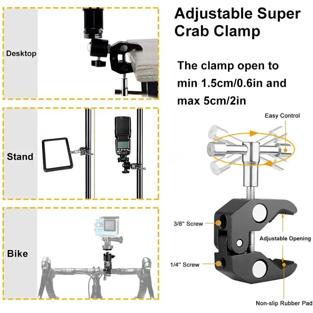 Metall-Superklemme mit 360°-Drehung ° Doppel-Kugelkopf-Magiearm-Klemme mit 1/4-Zoll- und 3/8-Zoll-Loch für DSLR-Kamera, Monitor, LED-Licht, Mikrofon Image