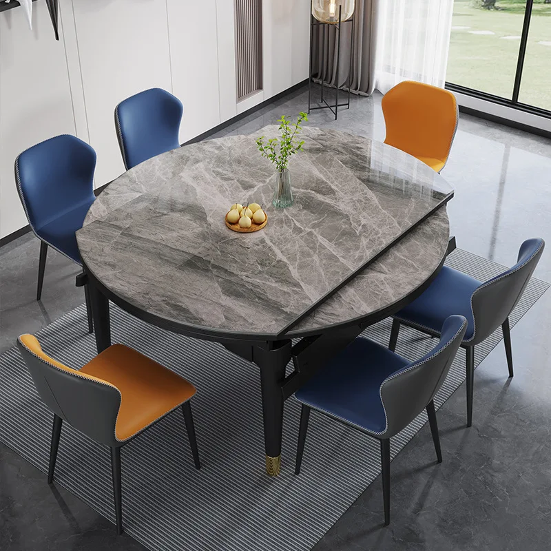 Gesinterter Stein Klappbarer Moderner Luxus Ausziehbarer Runder Marmor-Esstisch-Set für 8 Personen mit 6 Stühlen, Zimmermöbel