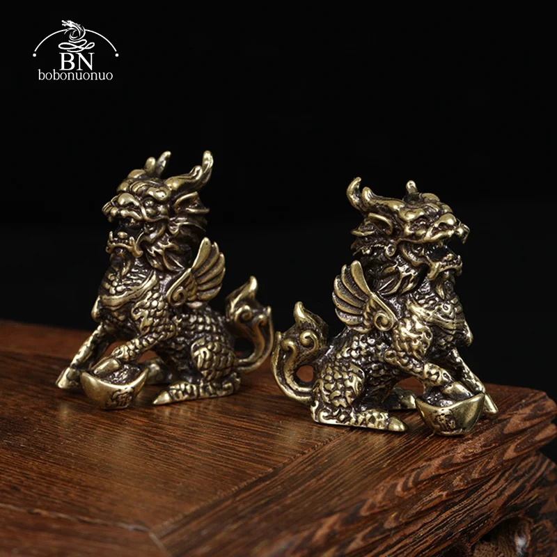 Bronzo antico cinese bestia mitica Qi Lin statua 1 paio di ornamenti animali in rame fortunato casa Feng Shui soggiorno decorazioni