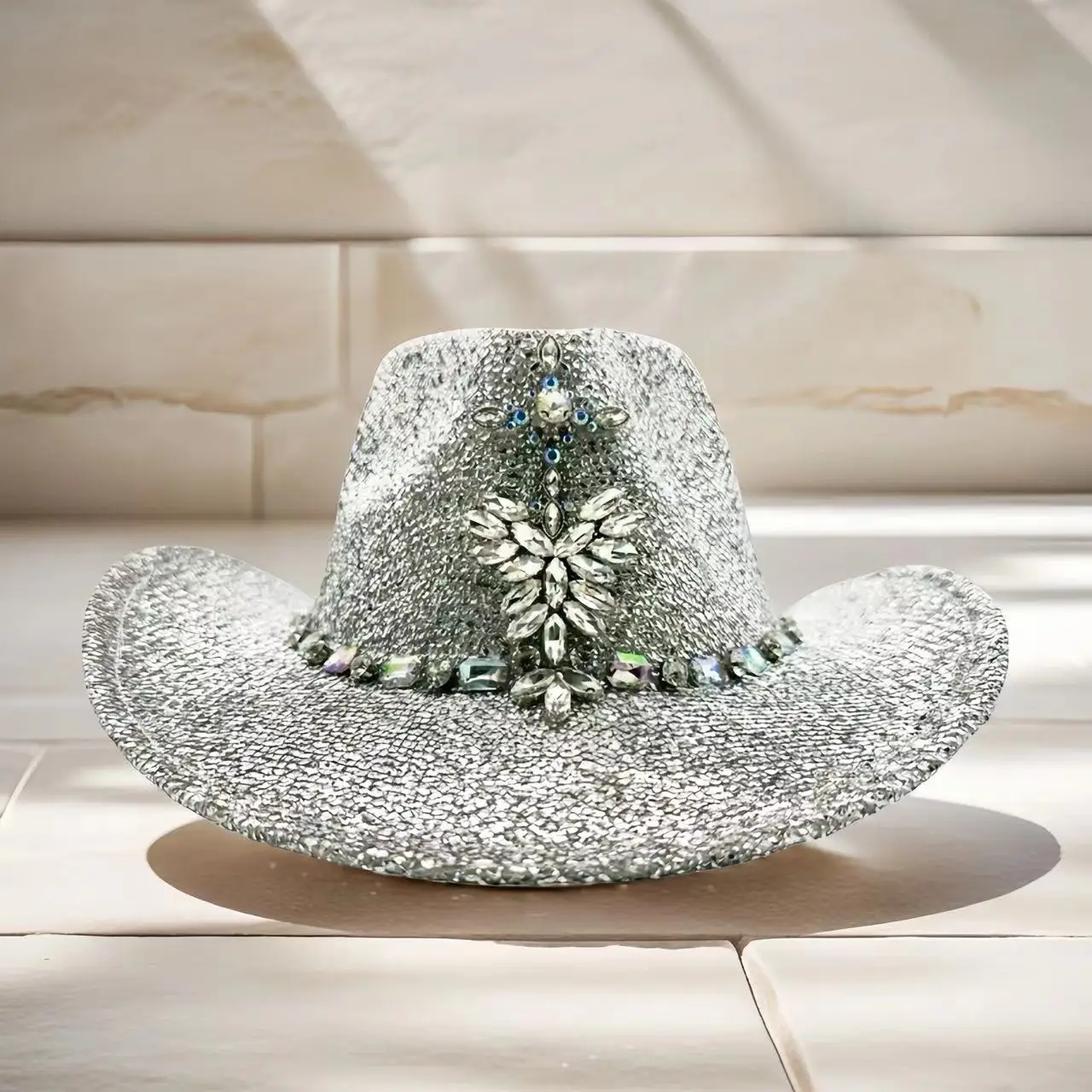 HongLuan Western Silber Disco Cowboyhut Strass Frau für Cowgirl, Rave Cowboy Partyhüte & Cowboy Festival Zubehör