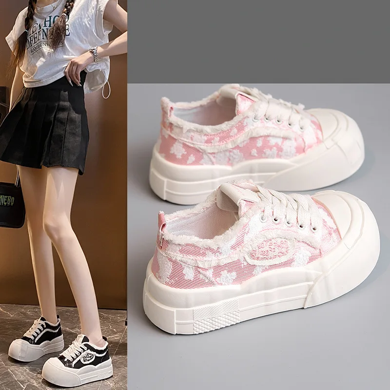 Breite Zehenpartie, runde Zehen, Canvas-Loafer, Damen-Freizeitschuhe, Schnür-Sneaker, Plateau-Schuhe, blau, pink, Plimsolls, Studentenschuhe, Laufschuhe