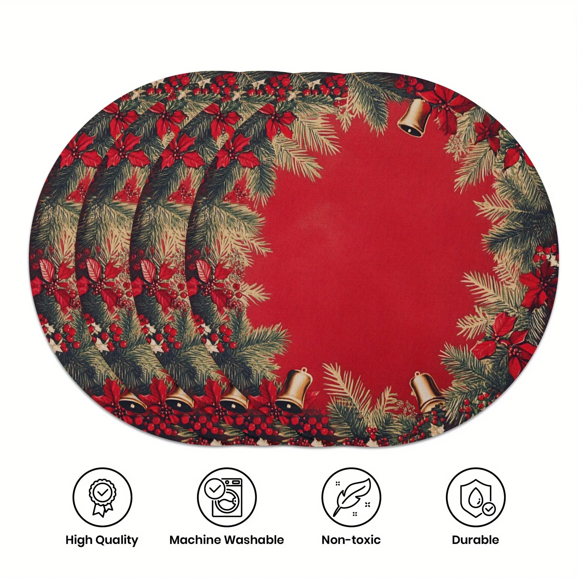 VIKAMA 4-teilige Weihnachts-Tischsets mit Kieferenzweig und Weihnachtsstern, Familientreffen, Weihnachtsfeier, Tischdekoration und Accessoires Image