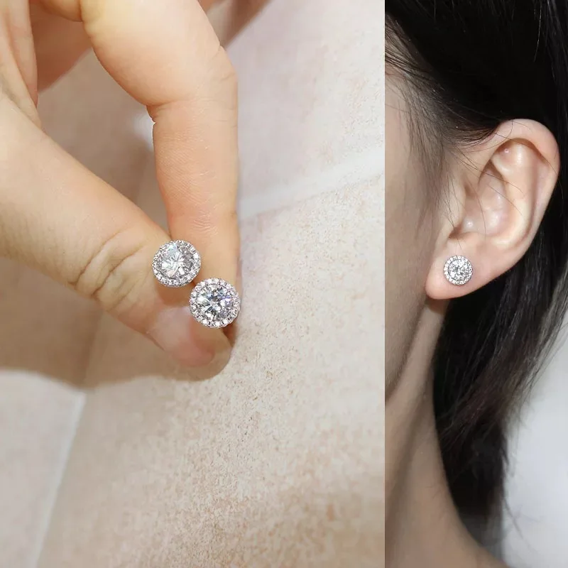 Ohrstecker aus echtem 925er-Sterlingsilber mit rundem Kristall für Damen und Mädchen, Hochzeit, Verlobung, Party, Modeschmuck, Geschenke im Großhandel Image