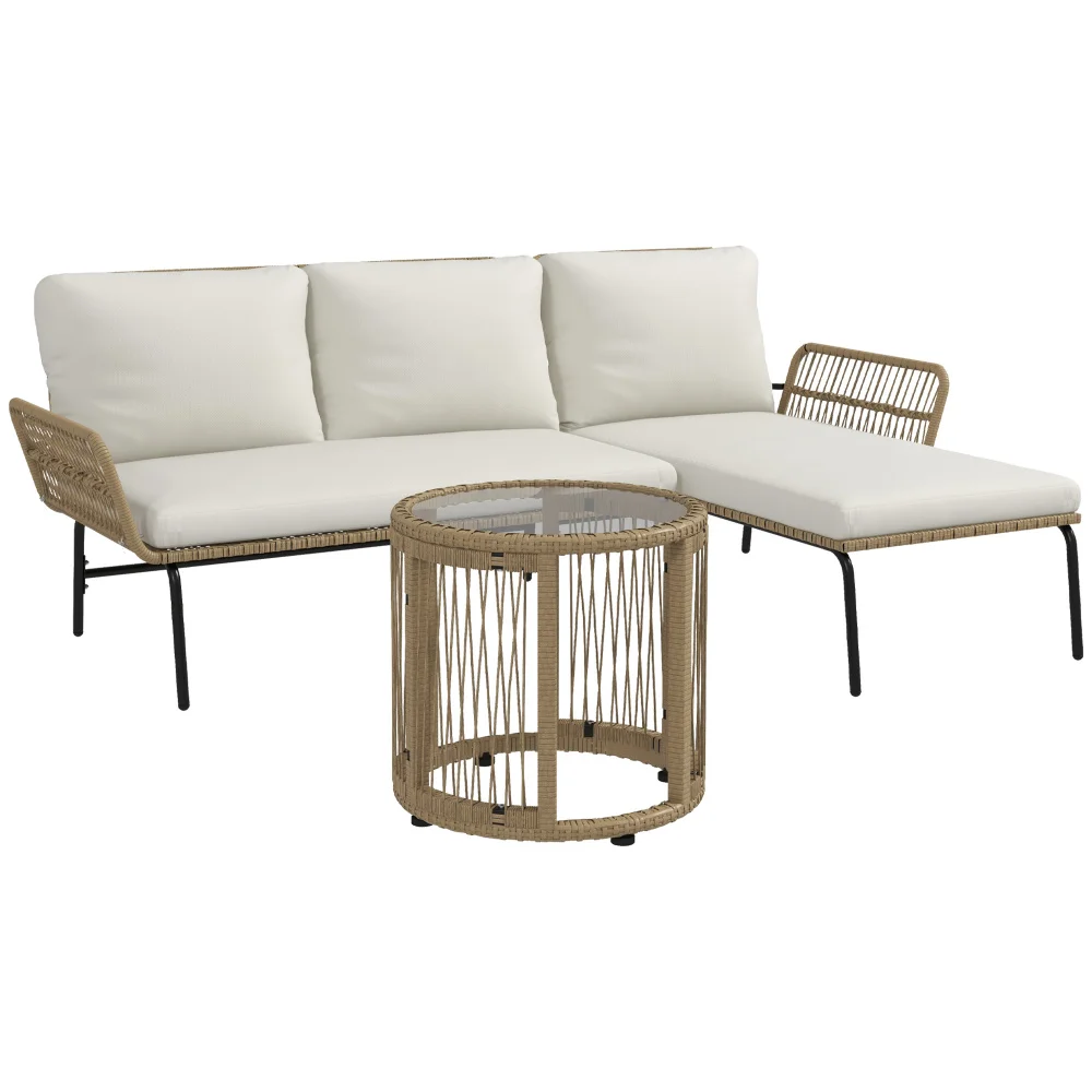 Gartenmöbel-Set mit Liegestuhl, Kaffeetisch, Zweisitzer & Cremefarbenen Sitzkissen für Terrasse & Balkon