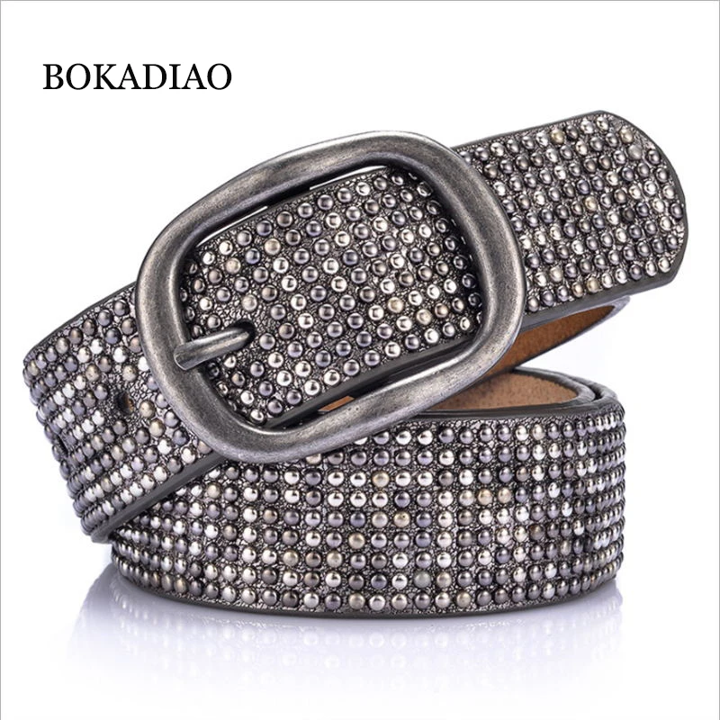 BOKADIAO Frauen Gürtel Mode Punk Pin Schnalle Vintage Nieten Luxus Dame Original Ledergürtel für Frauen Jeans Bund weiblich Image