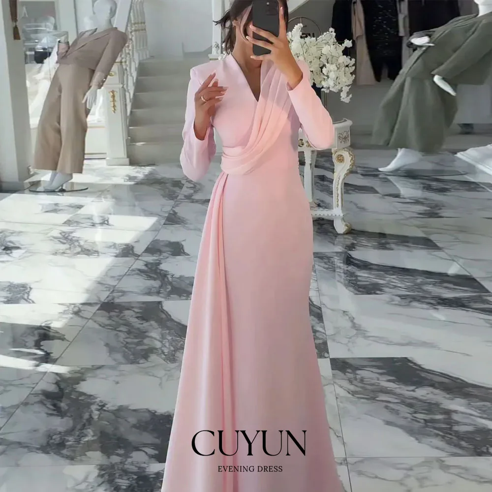 CUYUN Rosa Saudi Modest Abendkleider Damen V-Ausschnitt Lange Ärmel Abschlussball-Partykleid Maßgeschneiderte elegante Hochzeitsgastkleider