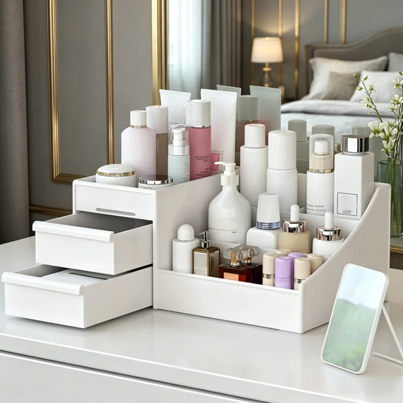 Desktop-Kosmetik-Aufbewahrungsbox mit Schublade, Plastik-Kosmetikorganizer für Wohnheim, Hautpflege-Schminktisch-Aufbewahrung