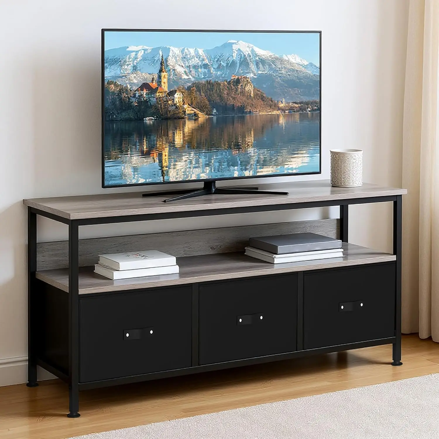 Meuble TV, centre de divertissement, meuble TV pour téléviseur 55 pouces, meuble TV pour chambre à coucher, commode avec tiroirs, étagères, console multimédia
