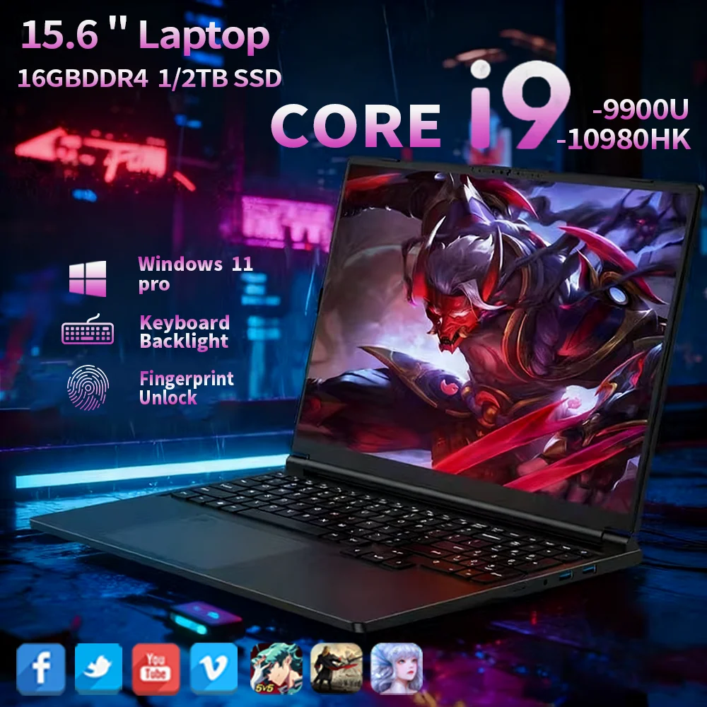 15.6" Laptop Computer Windows 11 Core i9-10980HK PC Gamer 16GB RAM Fingerprint Unlock Notebook Laptops Backlight Study Computer