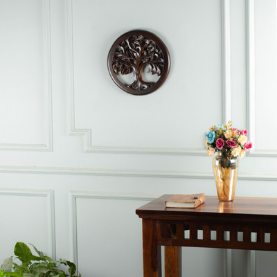 'Tree of Life-Themed Hand-Carved Dark Brown Wood Relief Panel'