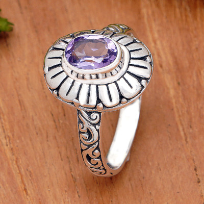 Purple Flower,'Amethyst Sterling Silver Floral Cocktail Ring from Bali'