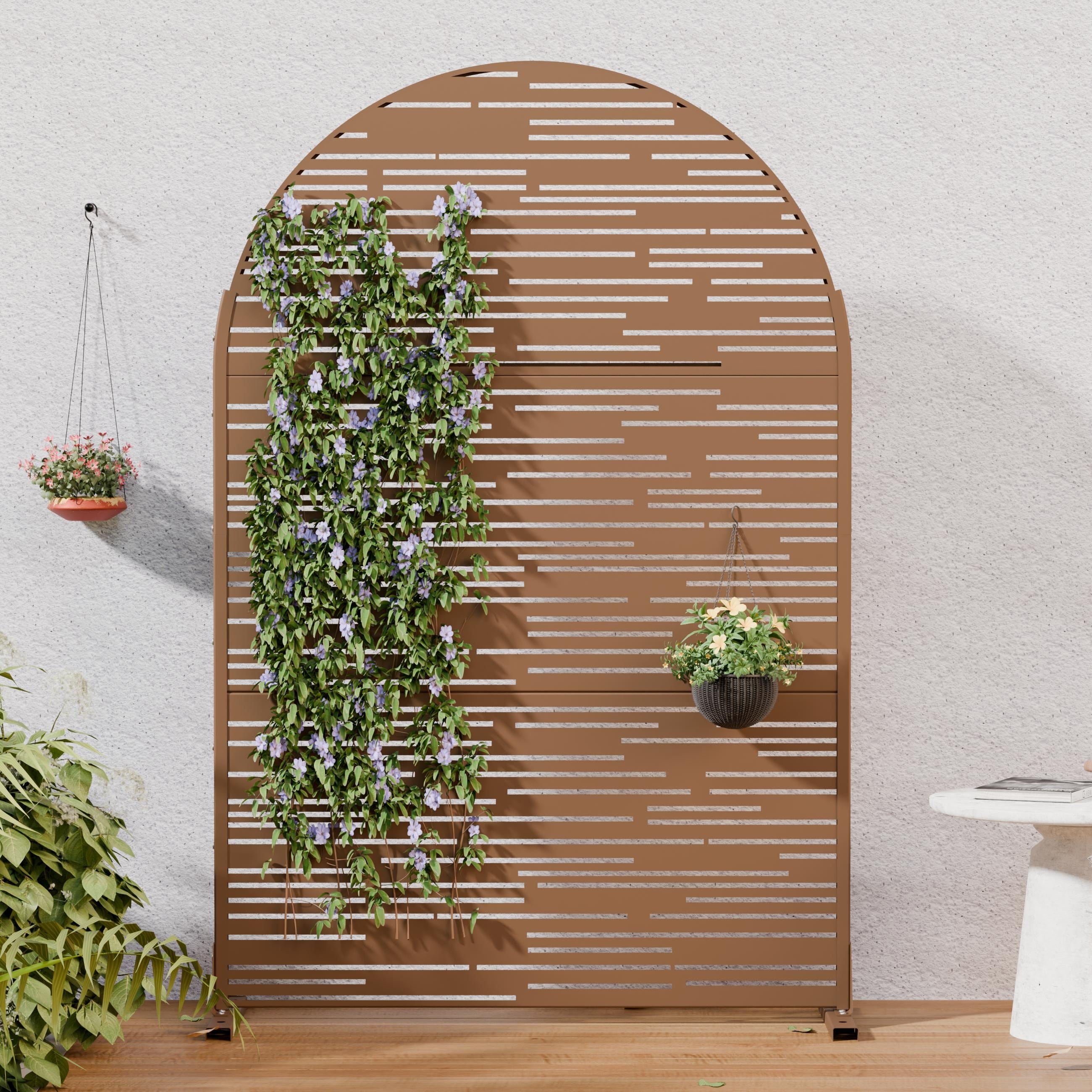 Outdoor Privacy Screen Freestanding Metal Privacy Fence Panel with Arch Top Decorative Slatted Design Privacy Screen