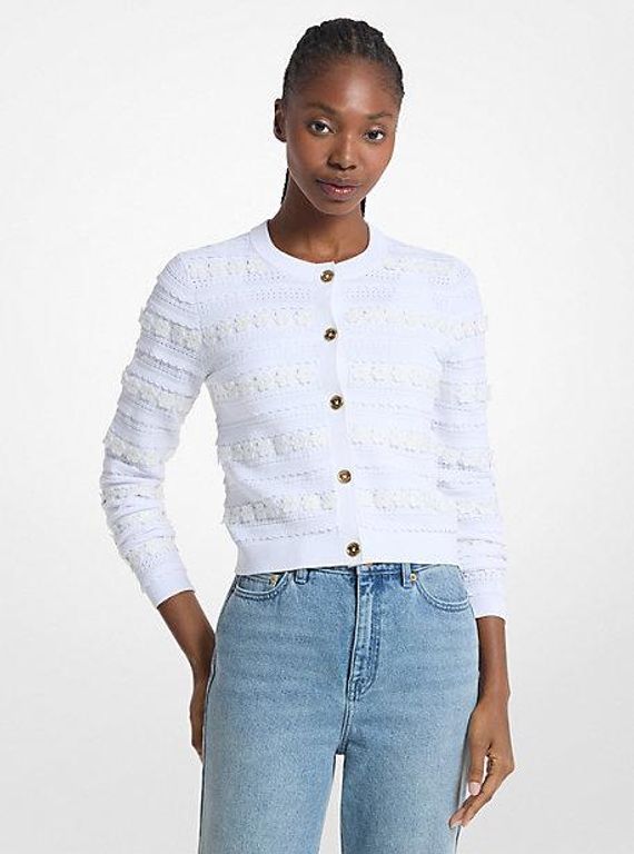 Floral Embellished Stretch Knit Cardigan - White - Michael Kors Knitwear