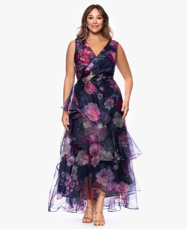 Plus Size V-neck Printed Ball Gown Dress - Purple - Betsy & Adam Dresses