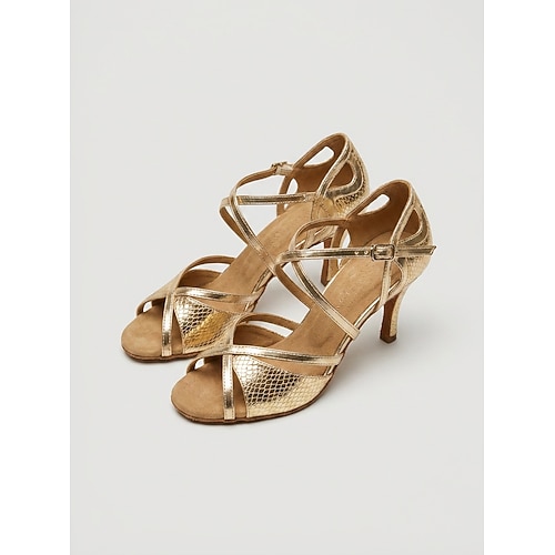 Goldfarbene, metallisch glänzende, offene Latein-Tanzschuhe für Damen – Riemchen-Salsa-Schuhe für den Ballsaal Image