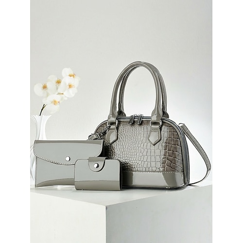 Dreiteiliges Handtaschenset für Damen aus Lacklederimitat mit Krokodilprägung, mehrfarbige Henkeltasche, Schultertasche mit verstellbarem Riemen, Münzfach und Kartenhalter für Reisen und Freizeit Image