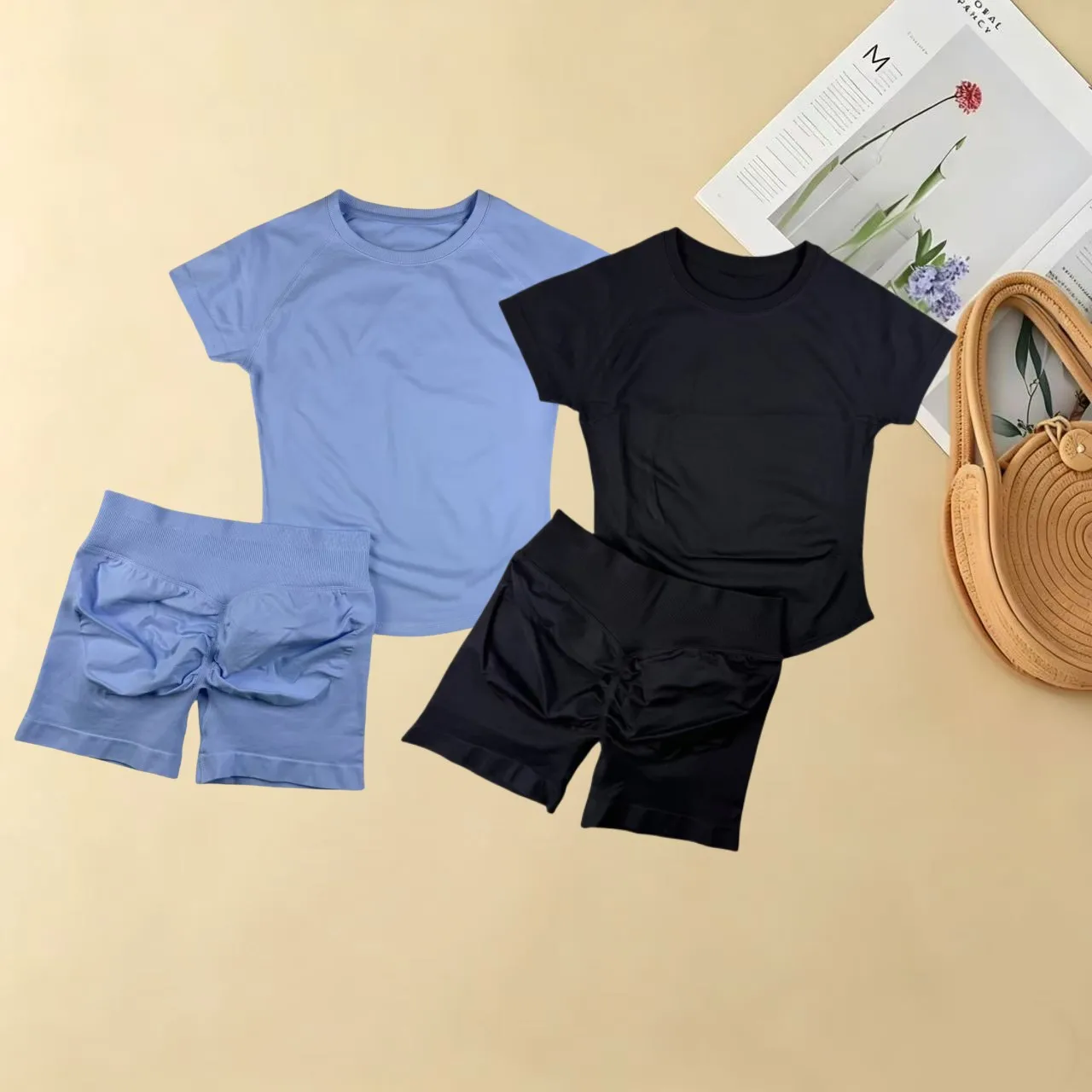 DFYZHE Ensemble de vêtements de sport 2 pièces, haut de yoga sans couture à manches courtes, tenue de fitness pour femmes, short de course, vêtements de sport.
