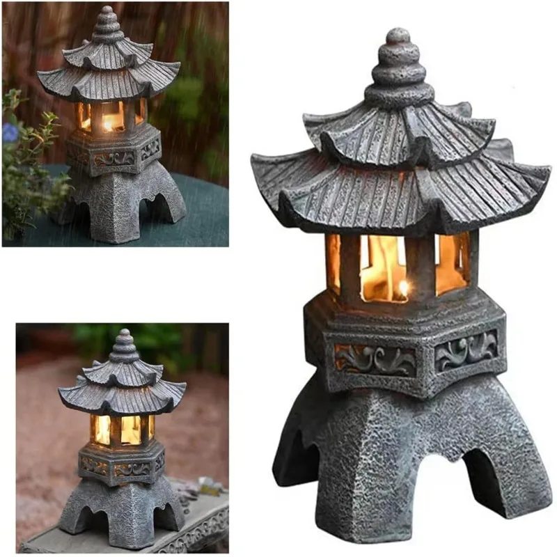 Statues de pagode, statue solaire d'extérieur, décoration de jardin japonais, lanterne de jardin zen d'extérieur, lumière de jardin LED vacillante