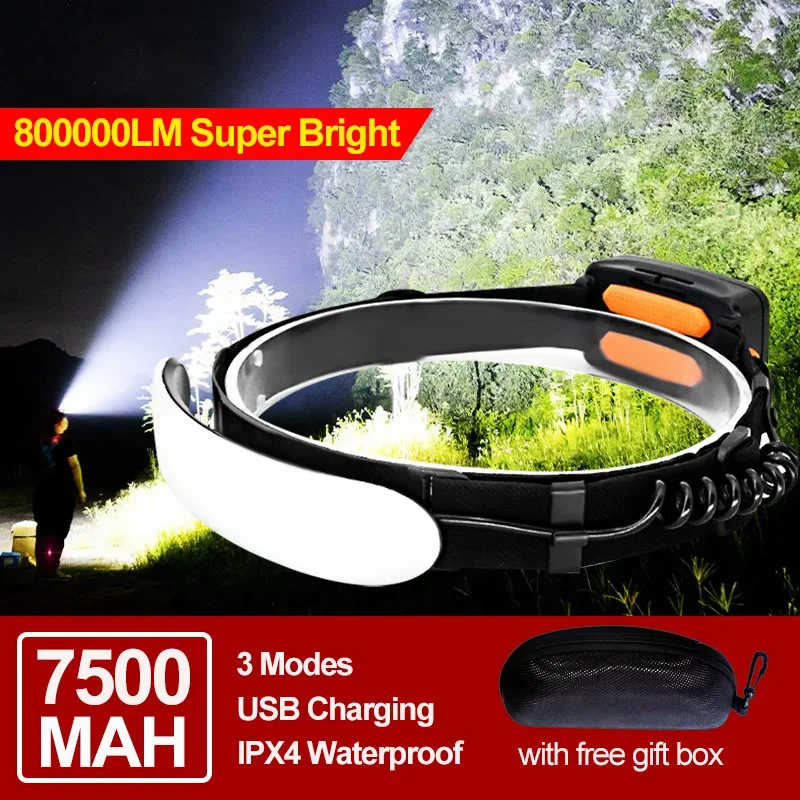 7500 mAh 220 ° 800000 LM Stirnlampe Tragbarer Mini-COB-LED-Scheinwerfer mit eingebauter Batterie Taschenlampe USB wiederaufladbare Stirnlampe Taschenlampe Image