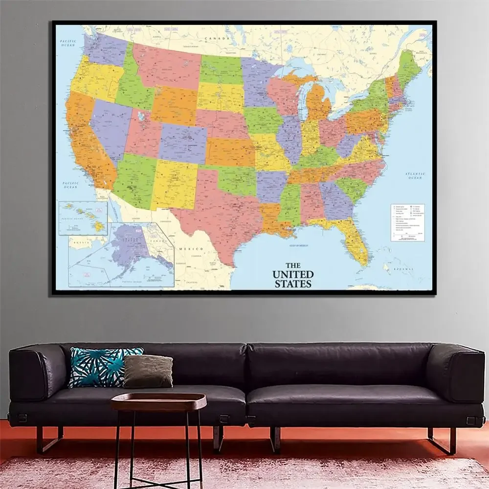 A2-Format, feine Leinwand, bedruckt, ungerahmt, Karte der Vereinigten Staaten, Rolle verpackt, Wanddekoration, Amerika-Karte für Heim- und Bürodekoration Image