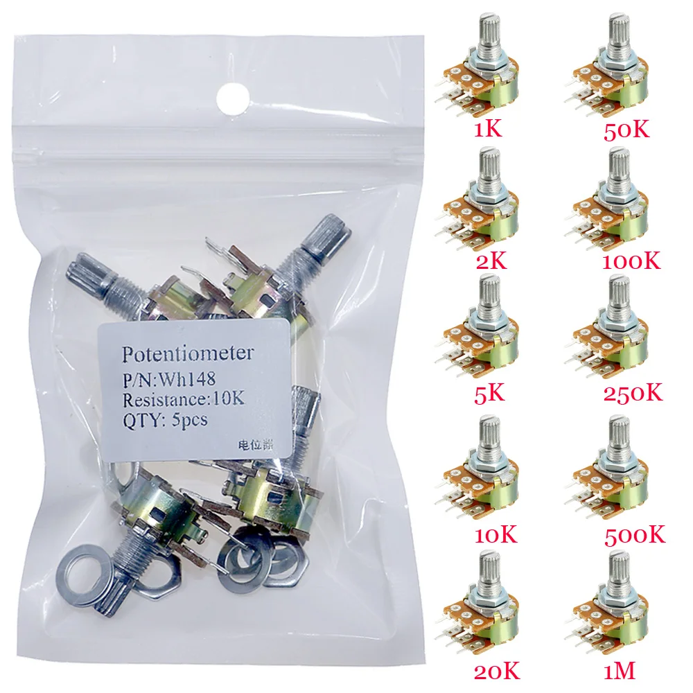 Wh148 Dual Gang Stereo 6pin Potentiometerknöpfe 1k 2K 5k 10k 20k 50k 100k 250K 500k 1M Image