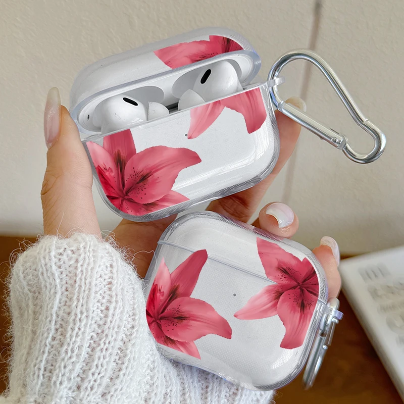 Stoßfeste Kopfhörerhülle mit rotem Lilie-Blumenmuster für Airpods Pro2/Pro3/Pro, Airpods 1/2/3/4, transparente Kopfhörerhülle mit Karabiner Image