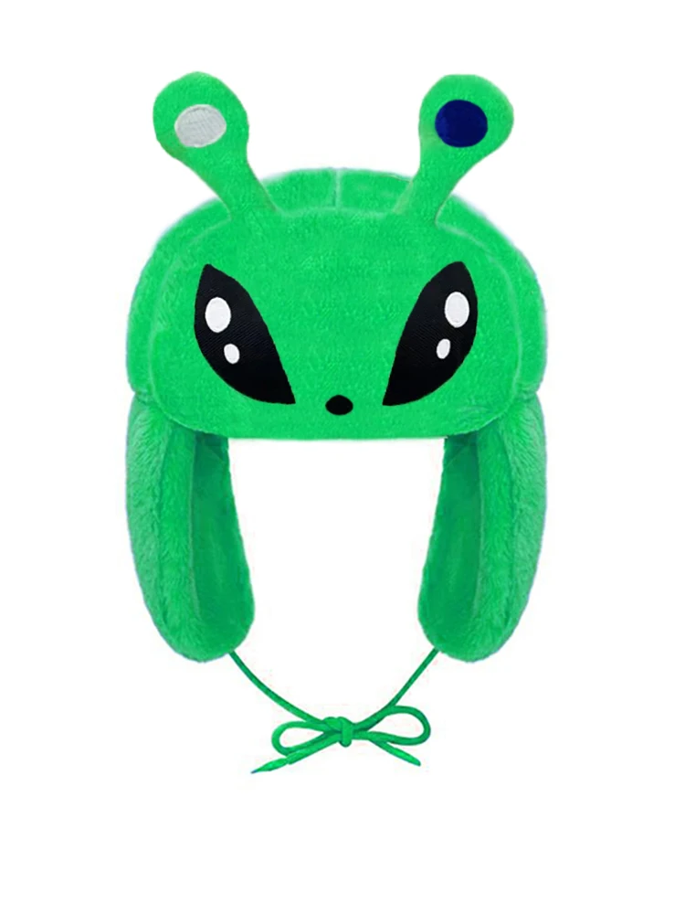 Grüne Alien-Plüsch-Winter-warme Mütze, Uschanka-Mütze, niedliche Wintermütze für Jungen, Mädchen, Kinder, Cartoon-Anime-Mütze, Gorras Image