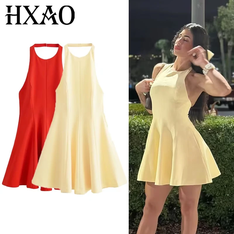 HXAO Neckholder Kurzes Kleid Damenkleider Rot Gelb Kleid Frau Sommer 2025, Rüschen, rückenfrei, ärmellos, elegantes Kleid 066