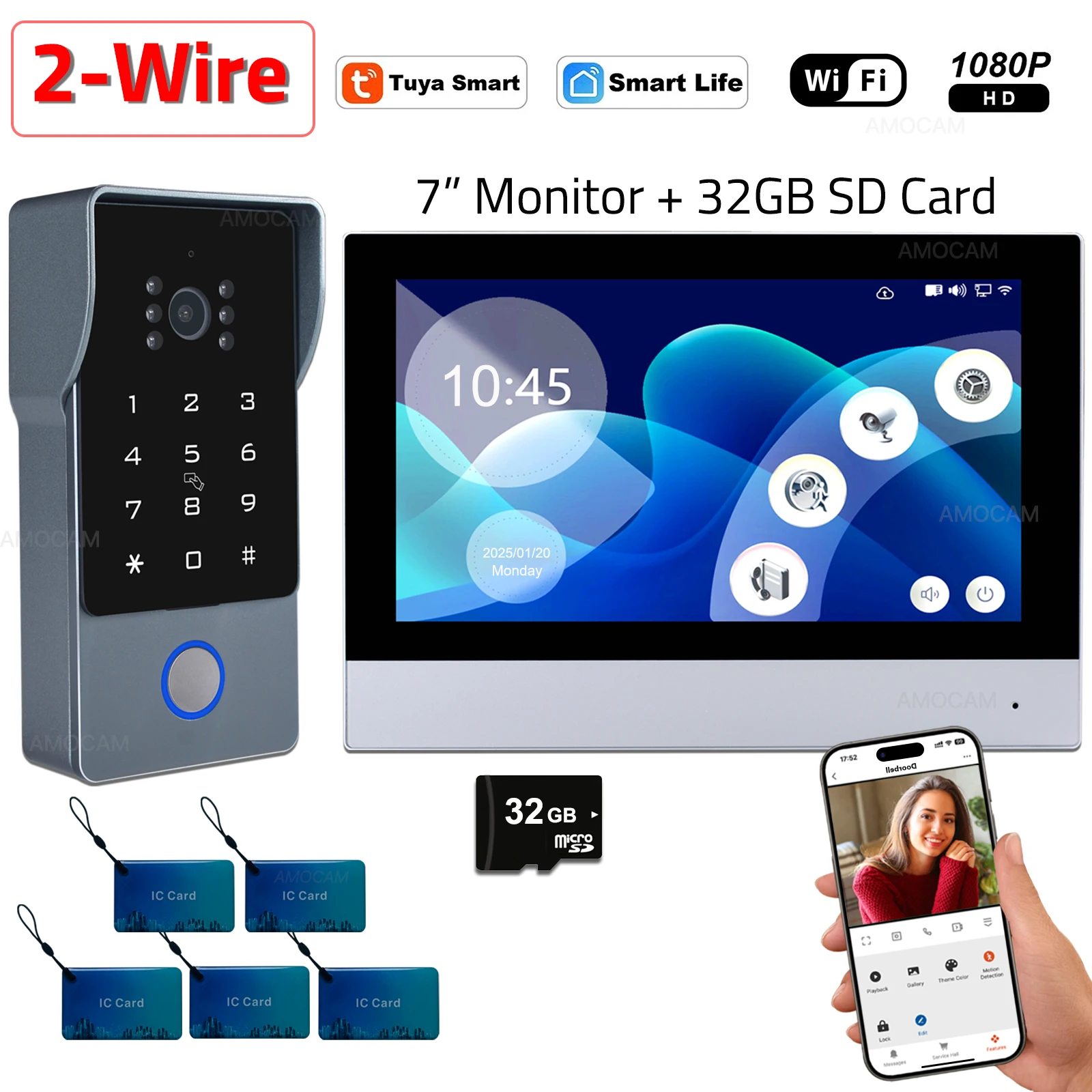 2-Draht Smart Home WLAN 1080P Video-Gegensprechanlage, Kompatibel mit Tuya, 7'' Touchscreen-Monitor, Video-Türklingel mit Kamera Image