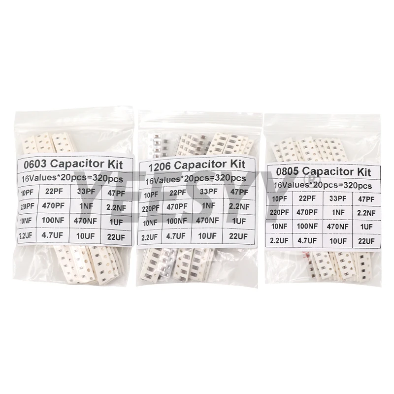 320 Stück 720 Stück 0603 0805 1206 SMD-Kondensator-Sortiment-Set 16/36/50 Werte 1PF – 10 UF Kapazitätsset 100 NF 0,1 UF 1 UF 2,2 UF 4,7 UF Image